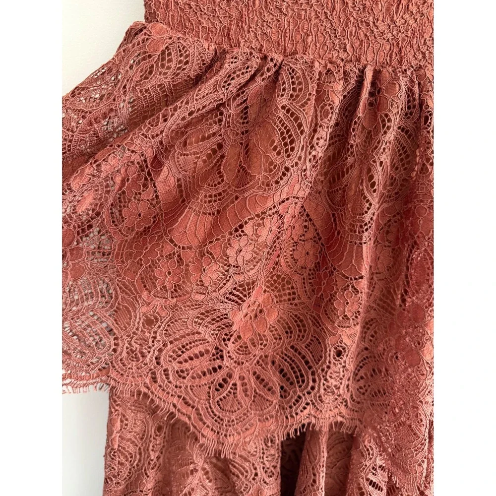 H&M Rust Brown Floral Lace Tiered Maxi Skirt Smocked Waist Size 2 Boho Summer